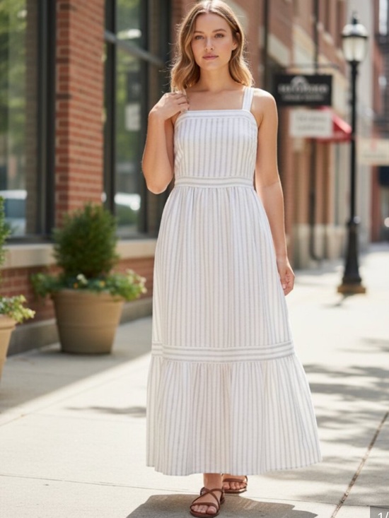 LOFT Dresses & Skirts - NWT LOFT Shimmer Striped Linen Blend Square Neck Midi Dress White Gray Size 4
